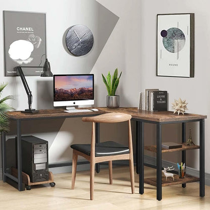 BAKAJI L-vormig hoekbureau met boekenkast met 2 planken, werktafel voor pc, frame van zwart metaal en tafelblad van hout in antieke look, kantoorinrichting, industriële stijl