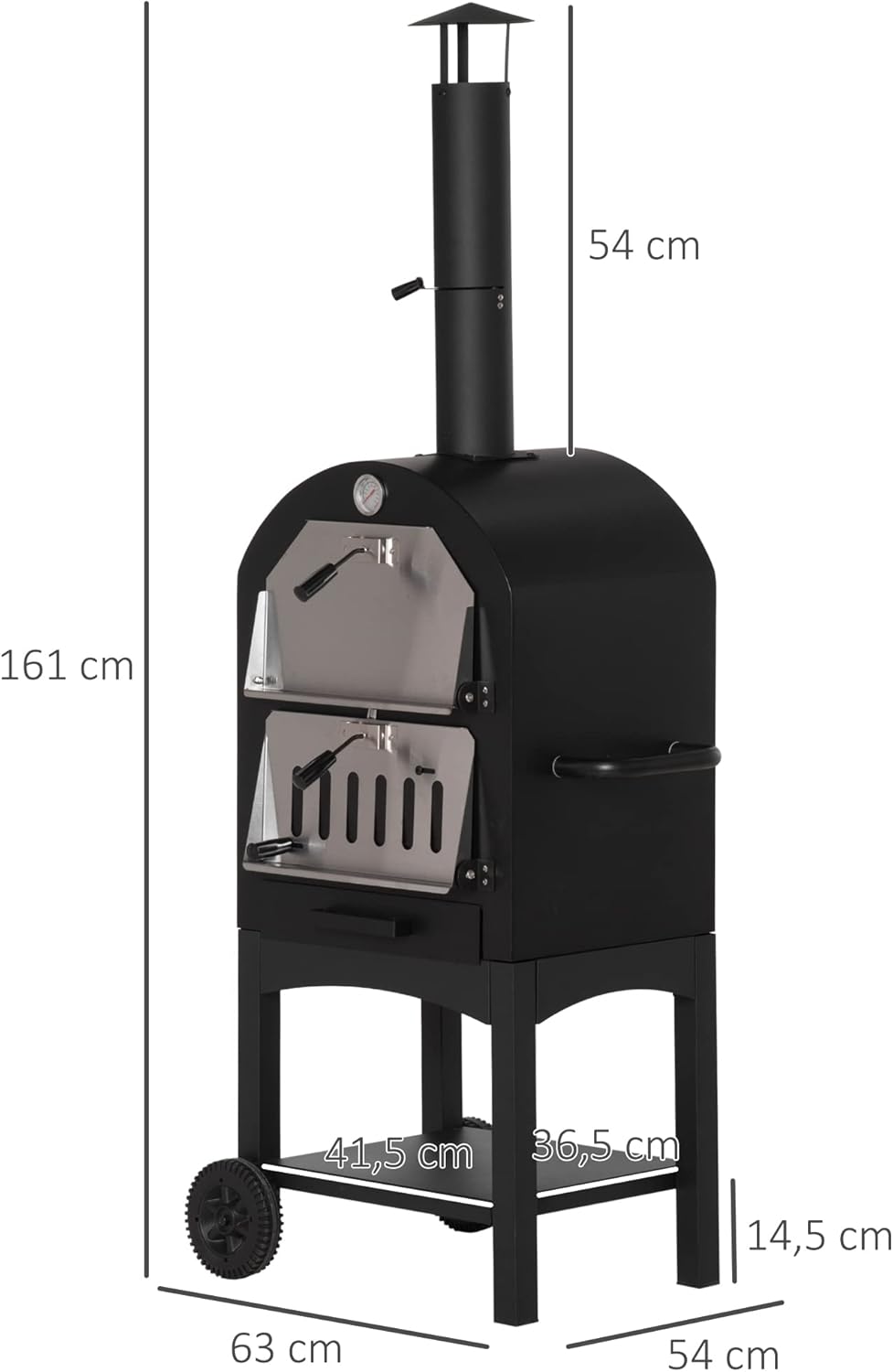 Outsunny 2-in-1 Outdoor Pizza Oven with Rolls Grill Oven with Protective Cover Pizza Shovel 2 Grill Nets Grill Trolley with Fireplace 63-Layer Wood Oven for BBQ Steel Black + Silver 54 x 161 x 161 cm - QUORE
