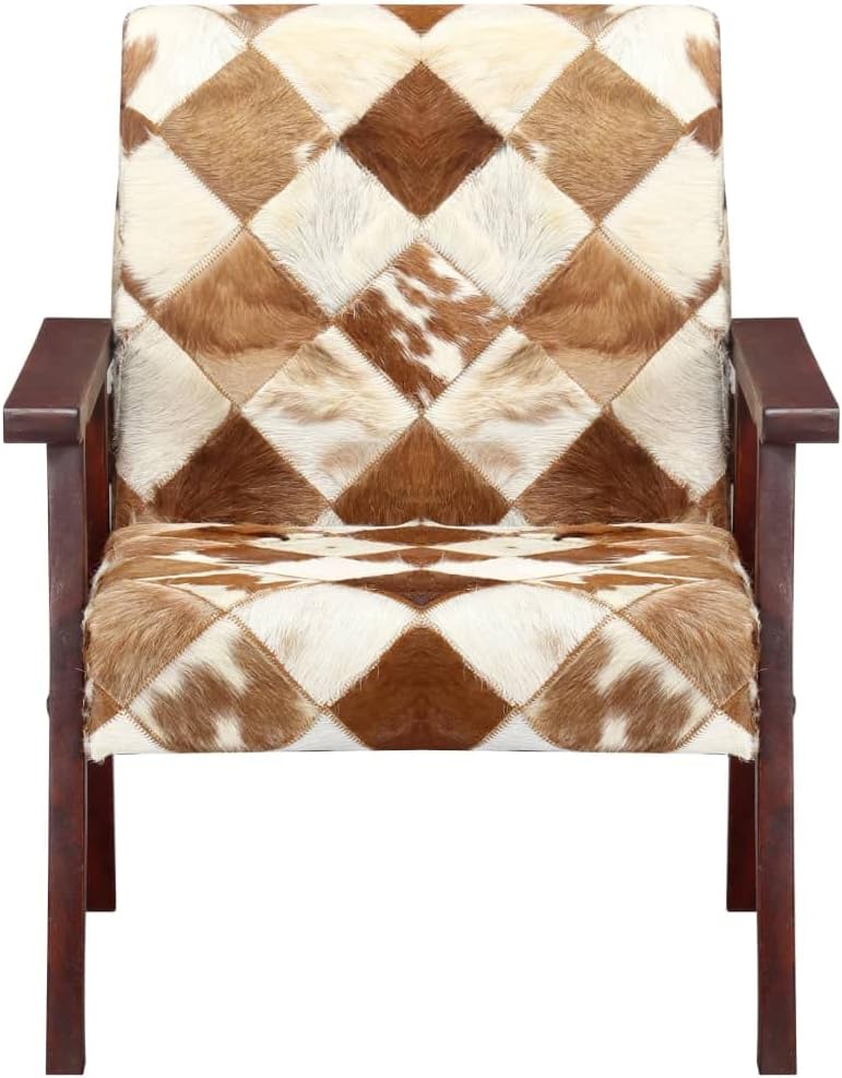 Fauteuil wit en bruin echt geitenleer, loungestoel, televisiestoel, relaxstoel, bureaustoel, stoel voor slaapkamer, woonkamer, werkkamer, kantoor