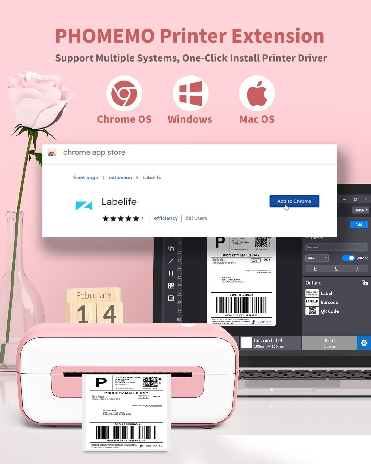 Phomemo PM246S labelprinter, DHL thermische printer voor Mac/PC, verzendlabelprinter, zelfklevende labelprinter, voor Amazon, Etsy, Shopify, Royal Mail, DHL, FedEx-roze