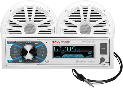 KIT SET MARINE VOOR BOSS AUDIO SYSTEMS MCK632WB.6 met MR632UAB AM/FM bluetooth stereo-ontvanger, een paar MR6W-luidsprekers, 90 watt rms 180 watt max, MRANT10 dipoolantenne, 1 kit + accessoires