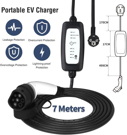 EV Oplader Type 2 3,6kW 7M 1-fase | Schakelbaar 6A-16A | Type 2 Laadkabel Schuko Compatibel met O.a. ID.3/ID.4, Model 3/Y, ZOE, e-208, Spring en Andere Elektrische Auto's en PHEV's