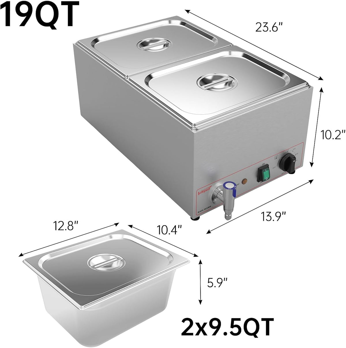 Valgus Bain Marie Roestvrijstalen voedselverwarmer, 2 secties, 20 liter, buffet, professionele roestvrijstalen stoomtafel met deksel en kraan, voor thuis en restaurants
