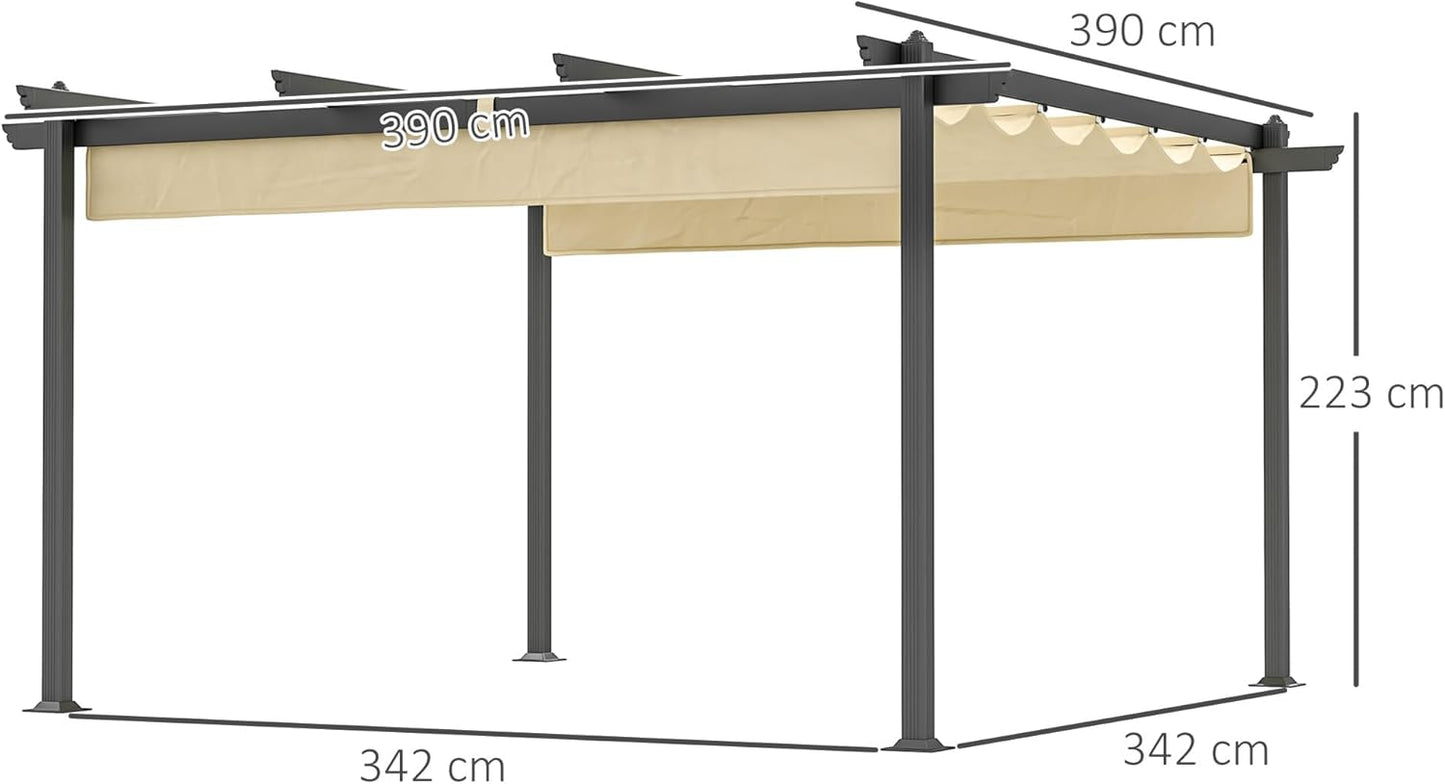 Aluminium Pergola – Tuinpaviljoen – Terrasoverkapping – Schaduwdoek – Buitenluifel – Inschuifbaar Dak – 390x390x223 cm – Roestvrijstalen 80mm Kolommen