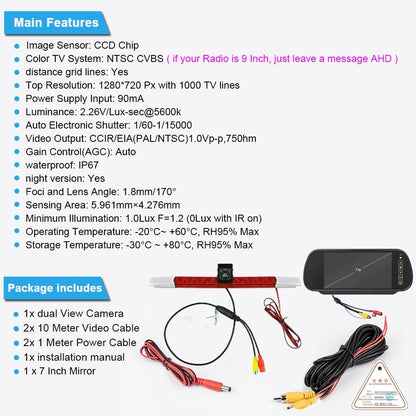 Auto derde dak top mount remlicht camera HD waterdicht nachtzicht parkeercamera remlicht achteruitrijcamera, voor Fiat Ducato uit 2024/Hella 2DA 343 106-201 universele auto (met 7 inch