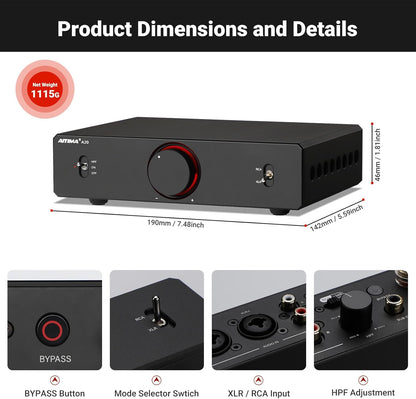 AIYIMA A20 gebalanceerde stereoversterker met HPF-afstelling Home HiFi 2.1 eindversterker TPA3255 desktop klasse D-versterker PFFB met RCA/XLR-ingang en 12V-triggeringang voor passieve luidsprekers