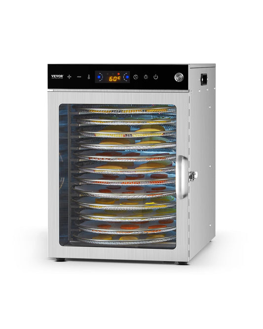 VEVOR Voedseldroger, 12 schalen van roestvrij staal, 800 W, met instelbare temperatuur en 24-uurs timer voor droog, fruit, groenten, kruiden