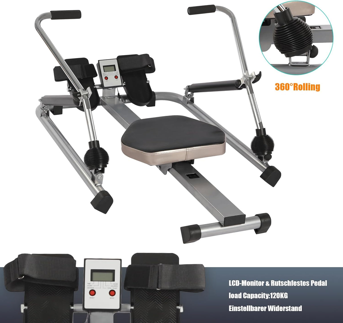 Home Rowing Machine, Hydraulic Rowing Machine, LCD Display, Adjustable Resistance 15-55 kg for Exercising Arms, Chest, Stomach and Back, 110 × 61 × 21 cm - QUORE
