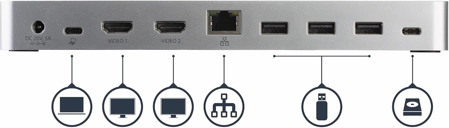 StarTech.com Dual-Monitor USB-C docking station, 60W Power Delivery voor Windows Laptops, USB Type-C naar HDMI/DVI Dock, USB 3.1 Gen 1 Type C Dock met Lader, 5x USB, Thunderbolt 3 Compatibel