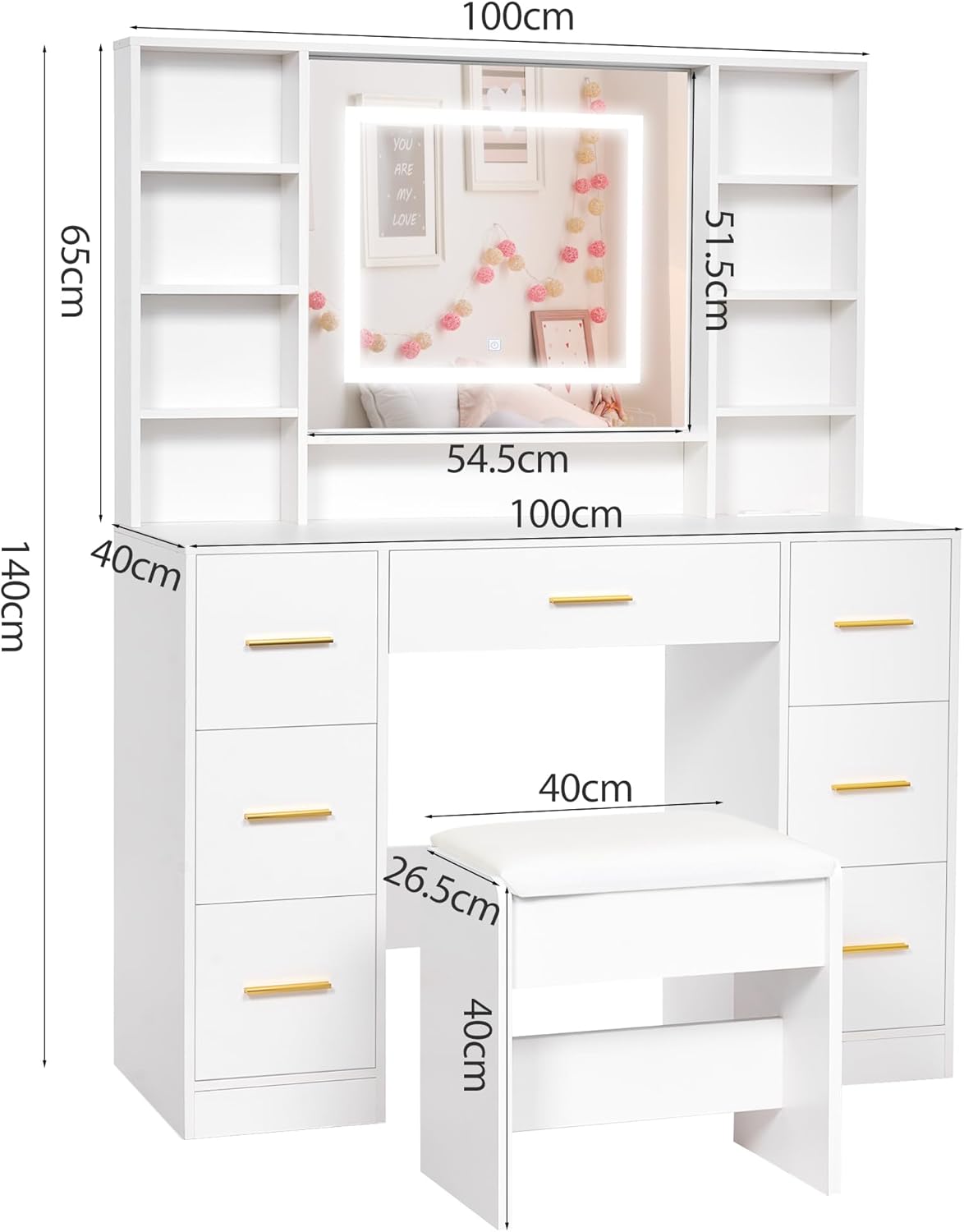 ANWBROAD Large Makeup Dressing Table with Adjustable LED Lighting in 3 Colors and Sockets Modern White Dressing Table with Mirror and Stool 7 Drawers 4 Open Shelves 140x100x40cm BDT65W - QUORE