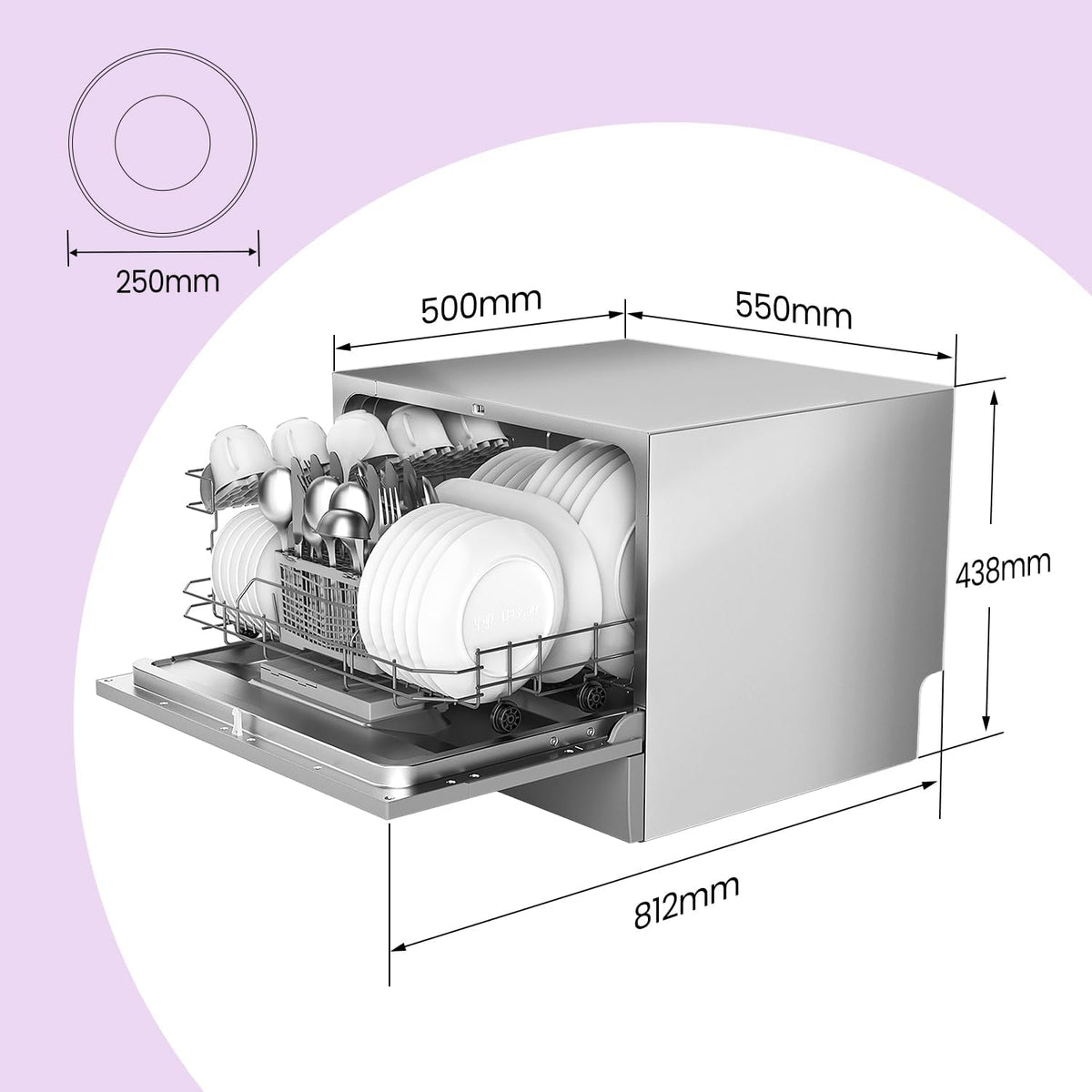 COMFEE' Compacte tafel-vaatwasser TD602E-S mini-vaatwasser met 6 couverts, 6 programma's, led-display, tijdvertraging en wasfunctie in niet-piekuren - zilver