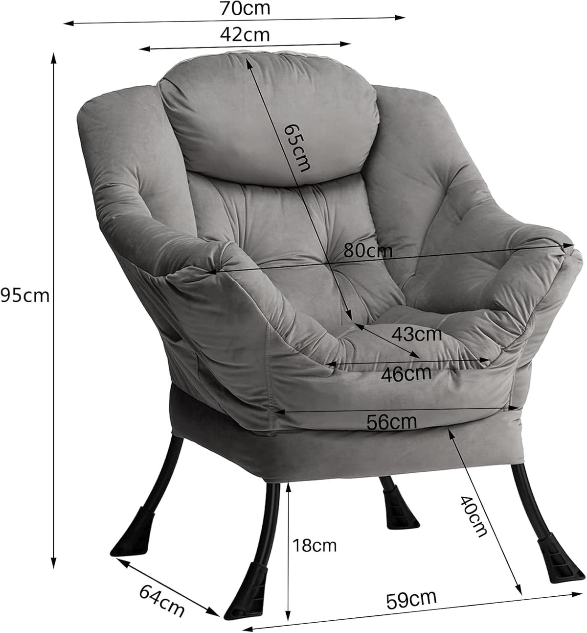 HollyHOME Relax Fauteuil Fluwelen Woonkamer Stoel Slaapkamer Stoel Lounge Stoel met Armleuningen Leesstoel Accentstoel met Stalen Frame, Donkergrijs