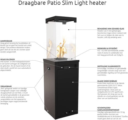 KRATKI Patio Light Moderne Gas Tuinkachel op Wielen - 8,2 kW - Stijlvolle Decoratieve Verlichting voor Tuin, Balkon, Terras - Werkt op G31/50mbar Gasfles - Veilig - Staal en Glas - Zwart