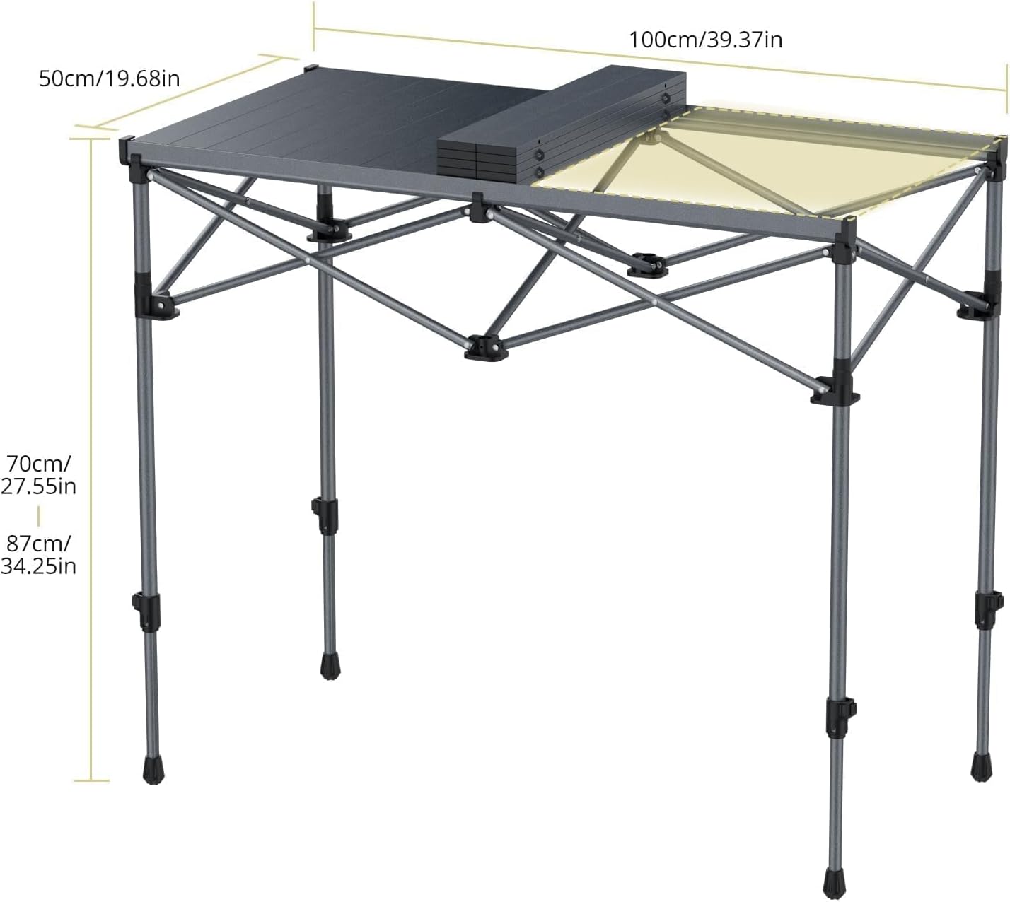 Anbte Campingtafel opvouwbaar, 2 verstelbare hoogte 86,9 cm, grote oprolbare campingtafel ondersteuning 119,7 kg met opbergmand en tas, aluminium buitentafel, voor picknick reizen Bbq, 100 x 50 cm