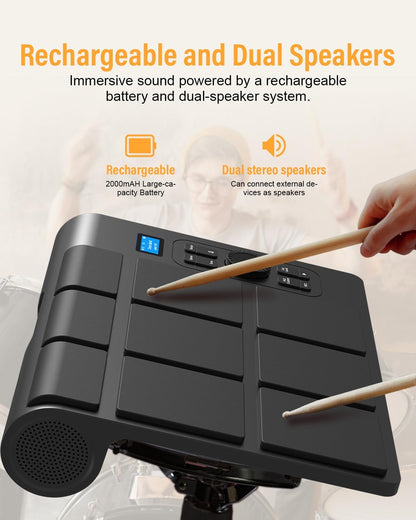 Draagbaar elektrisch drumstel met 9 pads met LCD-scherm, dubbele stereoluidsprekers en pedalen - digitale drumset voor beginners/professionals, compatibel met pc/Mac, thuistraining en live