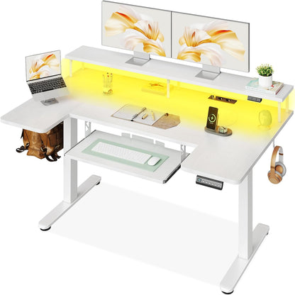 OffiGo Desk, Sitting, Standing, U-Shape, 140 cm, Electric Desk with Monitor Stand, Sockets and USB Port, Standing Desk with LED, Height Adjustable Gaming Table, White - QUORE