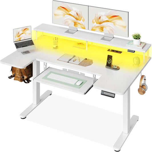 OffiGo Desk, Sitting, Standing, U-Shape, 140 cm, Electric Desk with Monitor Stand, Sockets and USB Port, Standing Desk with LED, Height Adjustable Gaming Table, White - QUORE