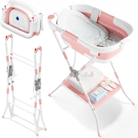3-in-1 opvouwbaar babybad met standaard, babybad met badondersteuningsnet, geschikt voor pasgeborenen tot peuters, multifunctioneel en opvouwbaar ontwerp voor opslag, ideaal voor reizen en buiten