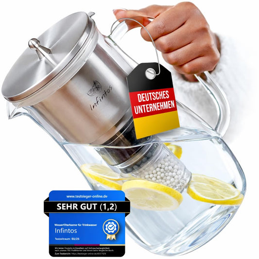 Glazen waterfilterkaraf met waterfilter, actieve koolfilter, legionellafilter, kalkfilter, drinkwater voor keuken, water filteren en genieten