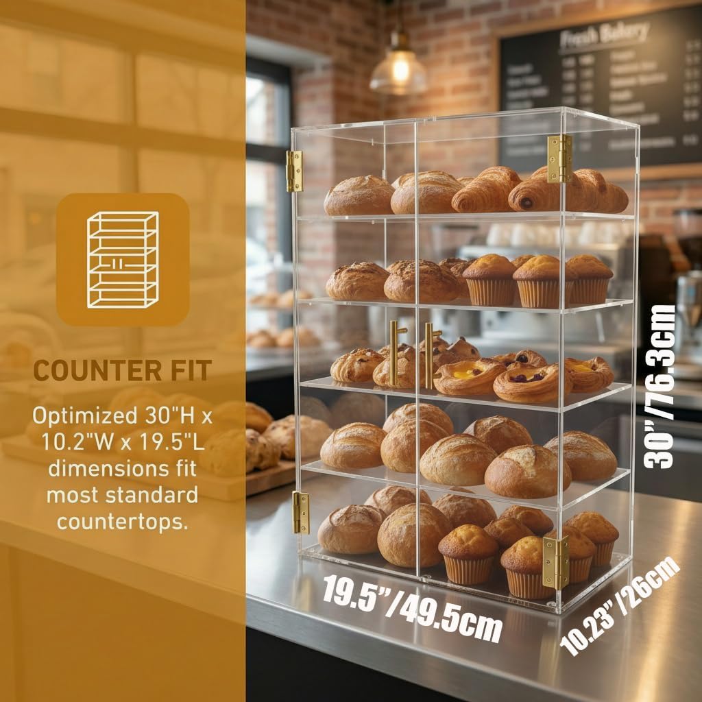 5-laags bakkerij vitrine met elastische automatische deur, 19,5 "x 24,7" x 10,3" acryl helder gebak vitrinekast aanrecht vitrine voedseldoos voor brood dessert koekjes bakken