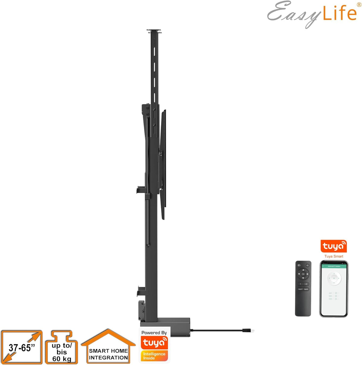 EasyLife Gemotoriseerde TV-Lift Voor Montage Op De Vloer, Aan Het Plafond of In Een meubel – Smart Home-Bediening Met Op- En Neerfunctie met Afstandsbediening, 37-65inch tot 60KG, VESA 600x400 - Zwart