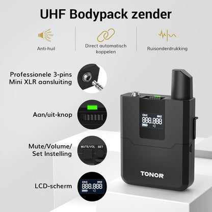 Draadloze UHF microfoonset met 4 zenders – Handmicrofoon – Bodypack zender – Headsetmicrofoon – Lavaliermicrofoon – Bereik tot 60 meter – 5 Instelbare Kanalen