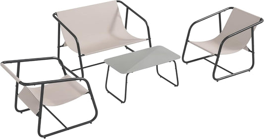 Outsunny Gartenmöbel-Set, Sitzgruppe mit 2 Sesseln, 1 Zweisitzer, 1 Couchtisch aus Hartglas, Gartengarnitur für Balkon, Terrasse, Mesh, Creme - QUORE