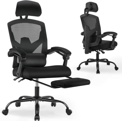 DUMOS Ergonomische bureaustoel, een bureaustoel met comfortabele armleuningen, uitgerust met een comfortabele lendensteun en voetensteun, geschikt voor thuis