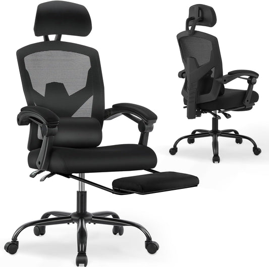 DUMOS Ergonomische bureaustoel, een bureaustoel met comfortabele armleuningen, uitgerust met een comfortabele lendensteun en voetensteun, geschikt voor thuis