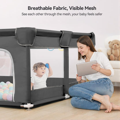 COMOMY Playpen for Babies and Toddlers, 188 x 127 x 66 cm Extra Large, Baby Playpen 4 Pull Rings, Soft and Breathable Net, Activity Centre for Kids, Dark Grey - QUORE