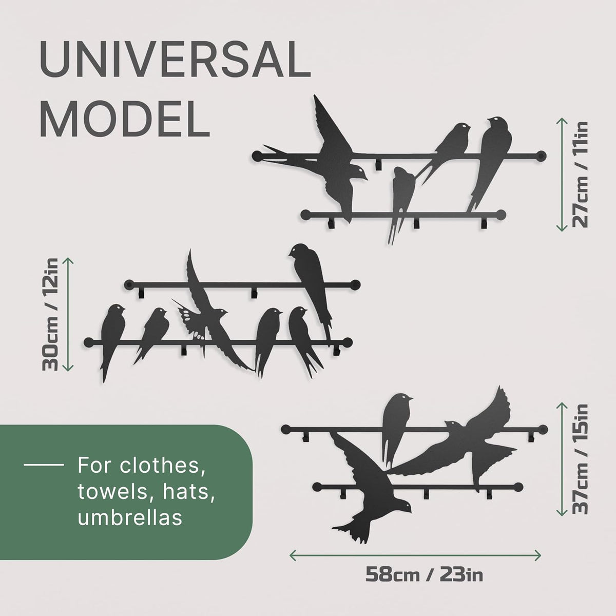Entree kapstok 3 stuks metalen 2 mm wandontwerp gemonteerde vogels 68 x 106 cm - zwaar belastbare haken voor hal voor kinderen en volwassenen, decoratieve Art Deco ijzeren kledinghouder, slanke