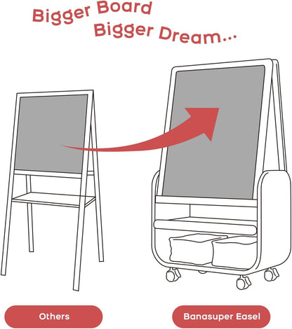 BanaSuper Verstelbare kinderezel met dubbel magnetisch oppervlak, whiteboard en whiteboard, kunstschildersezel voor kinderen, stille wielen, EN71-gecertificeerd en opbergtas