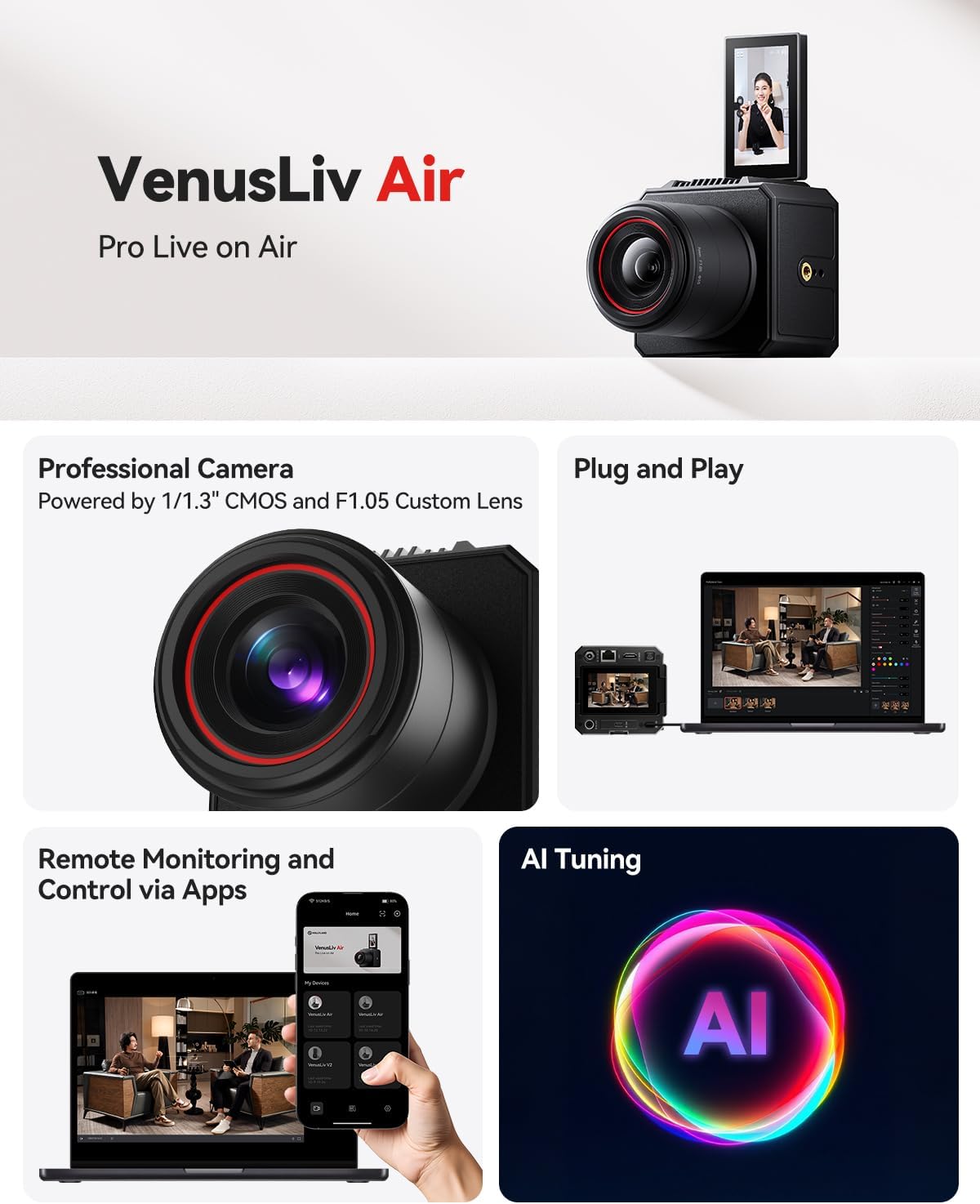 Live streamingcamera – Streamingcamera – Webcam – Livestreamcamera – Videocamera – 4K30 Beeldkwaliteit – 1/1,3 Inch CMOS Sensor Met F1.05 Lens