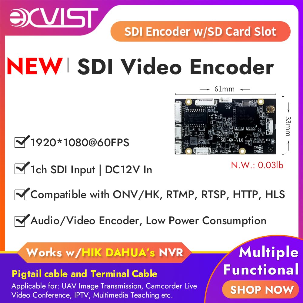 EXVIST H.265 1080P 3G-SDI mini-video-encoder met SD-kaartsleuf voor drone, IP-TV, satelliet – ondersteunt RTSP, RTMP, HLS, HTTP, Compatible with ONV/HK voor live-uitzendingen naar YouTube, Facebook