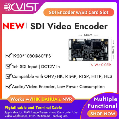 EXVIST H.265 1080P 3G-SDI mini-video-encoder met SD-kaartsleuf voor drone, IP-TV, satelliet – ondersteunt RTSP, RTMP, HLS, HTTP, Compatible with ONV/HK voor live-uitzendingen naar YouTube, Facebook