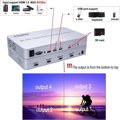 4K 2x2 Video Wall Controller USB+HDMI ingang HDMI-uitgang met mediaspeler SD-kaart Insert en Play Audio Scheiding HDMI Matrix Processor 180 Graden Draaien 8 Display Modi