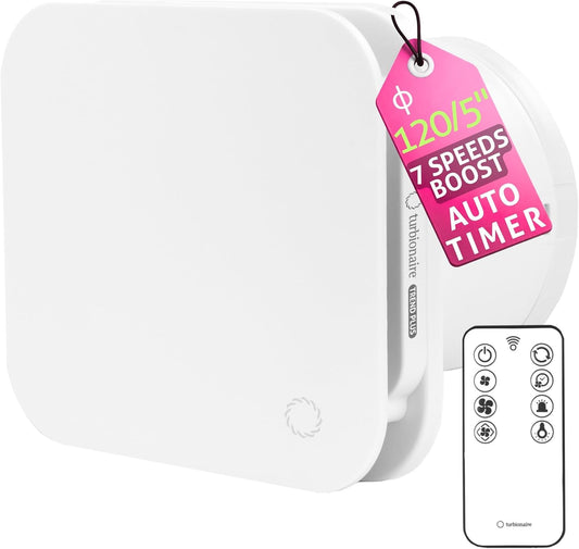 Turbionaire Trend Plus 120 mm Ventilator/Badkamerafzuiger – Afstandsbediening, 7 Snelheden + Boost, Timer, 25 dB, 5,5 W, Multifunctioneel, Anti-Vocht & Schimmel, 3 Jaar Garantie