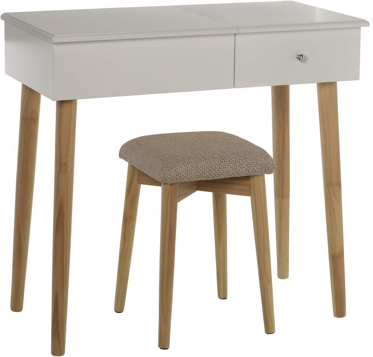 DRW Make-uptafel met 1 lade en spiegel en bank van hout, 80 x 40 x 74 cm, bank 36,5 x 29 x 46 cm (modern wit)