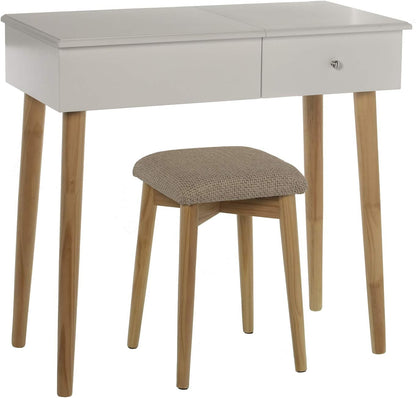 DRW Make-uptafel met 1 lade en spiegel en bank van hout, 80 x 40 x 74 cm, bank 36,5 x 29 x 46 cm (modern wit)