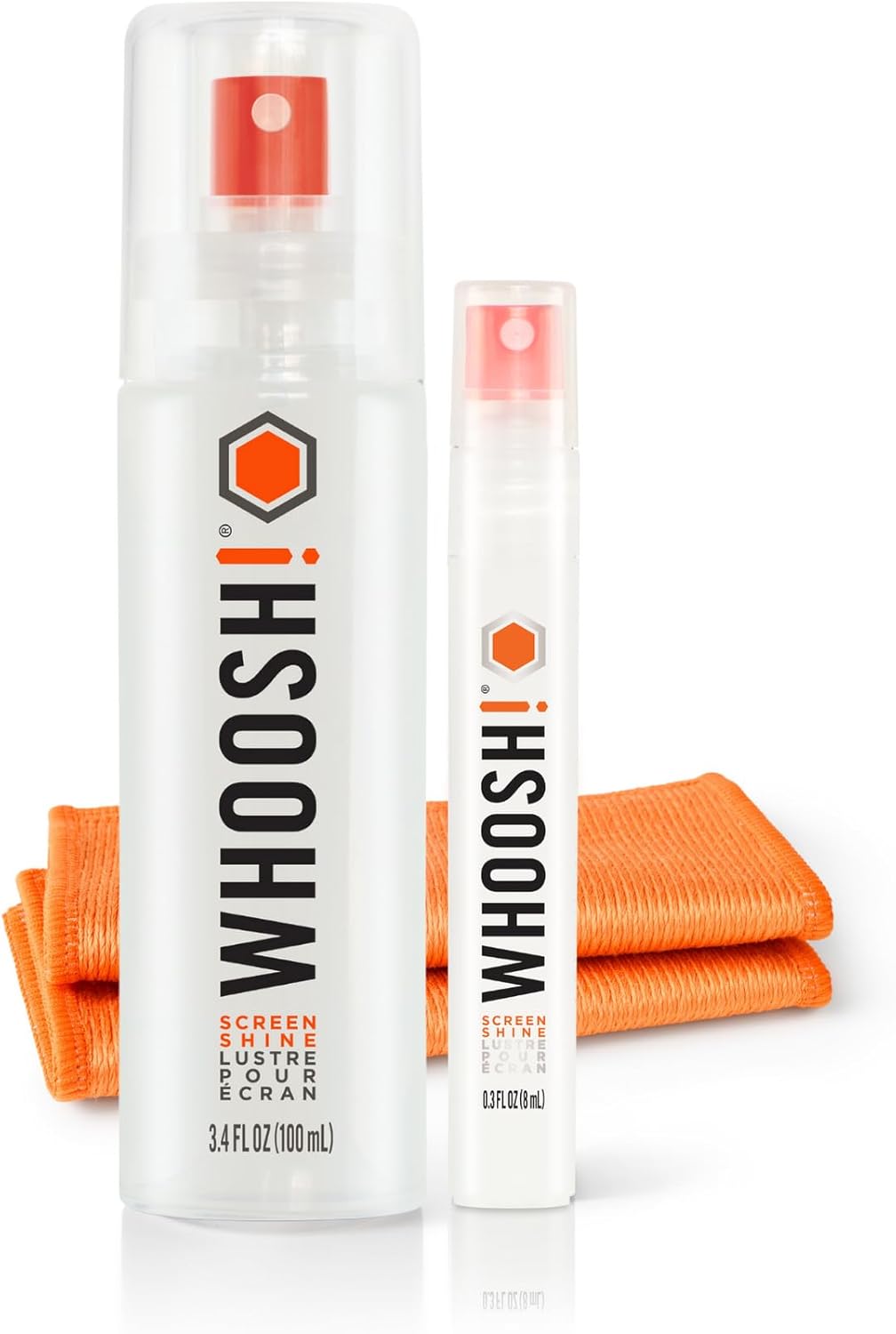 WHOOSH Spray en reinigingsset 12-3,4 + 0,3 fl oz + 2 microvezeldoeken - Duo grote flessen en reisflessen voor het reinigen van brillen en vitrines - reinigingsset voor iPhone