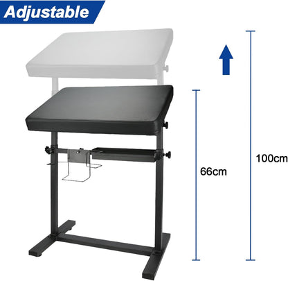In hoogte verstelbare tattoo-armleuning XL (60 x 40 cm) met 340° draaifunctie, stabiele roestvrijstalen basis en PU-lederen bekleding, inclusief opbergrek voor pigmenten/handschoenen