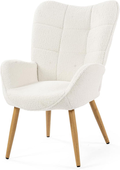 MEUBLE COSY Gestoffeerde fauteuil, woonkamerstoel met armleuningen, relaxstoel met hoge rugleuning en dik kussen, houten poten voor slaapkamer, woonkamer, bouclé stof, beige