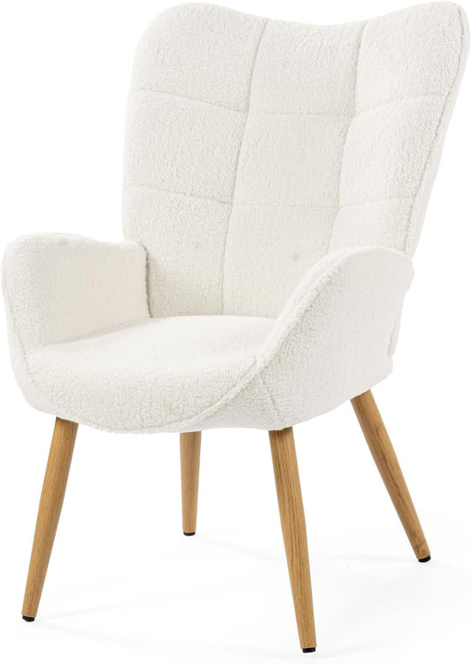 MEUBLE COSY Gestoffeerde fauteuil, woonkamerstoel met armleuningen, relaxstoel met hoge rugleuning en dik kussen, houten poten voor slaapkamer, woonkamer, bouclé stof, beige