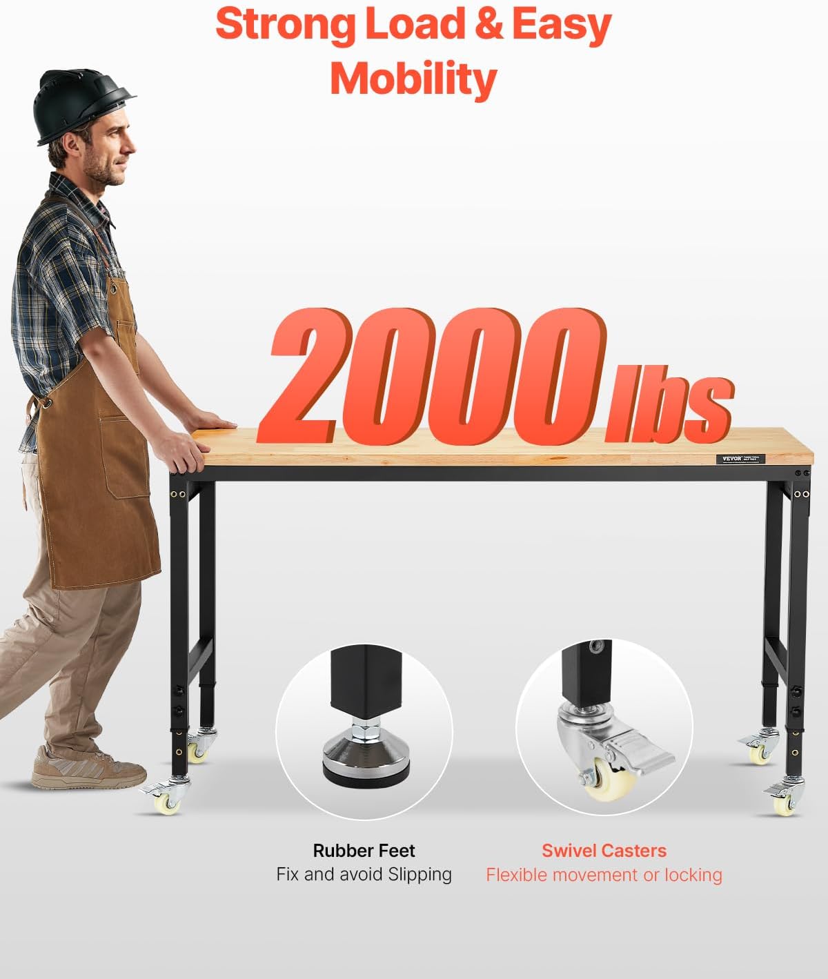 VEVOR 60 Inch Adjustable Workbench, 900 kg Load, Workbench with Socket, Wheels and Pegboard, Heavy Duty Oak Work Table for Garage, Workshop, Office and Home