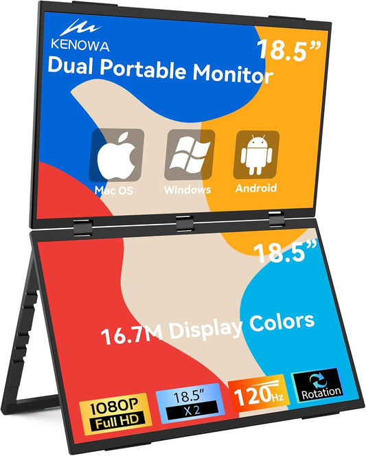 Kenowa Dual Portable Monitor 18.5 inch Foldable Dual Screen 120Hz 100% sRGB, IPS Expansion Screen, Foldable Monitor with Mini HDMI/USB-C/Speaker for Laptop/PC/Phone/Mac/PS4/Switch - QUORE
