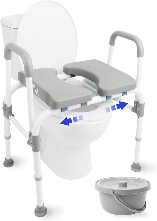 KMINA - Handicap Toiletstoel voor Ouderen met Verstelbare Zitting (180 kg), Stevige Toiletcommode voor Senioren in Hoogte Verstelbaar, 3 in 1 Toiletstoel Wit - Made in Europe