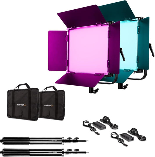 Walimex pro Rainbow 50W LED RGB vlaklamp set van 2 met statief - set van 2 x studiolamp videolamp + 2 x statief, lamp 360 kleuren, 50W 3200-999K CRI 95, V-Mount accu, dimbaar, app of DMX