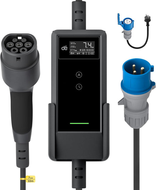 dé EV Oplader CEE 7,4kW [10m, 1-Fase, 6-32A] Wallbox 7,4kW met Type 2 Laadkabel en Digitale LCD Bediening voor ID.3/4/5, Model 3/Y, EX30, IX1, Q3/4/5 en Andere EV & PHEV