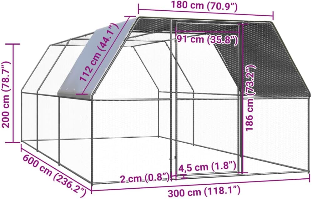Outdoor Chicken Coop Made of Galvanised Steel, 3 x 6 x 2 m, Large Chicken Coop with Lockable Door, Suitable for Training Poultry and Pets