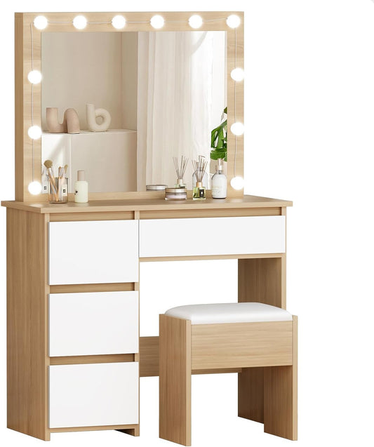 Make-uptafel – Kaptafel – Schminktisch – Make-up tafel – Make-up bureau – 4 Laden Opbergruimte – Verstelbare 12 LED Lampen